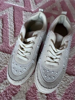 Embellished Cream Lace-Up Sneakers